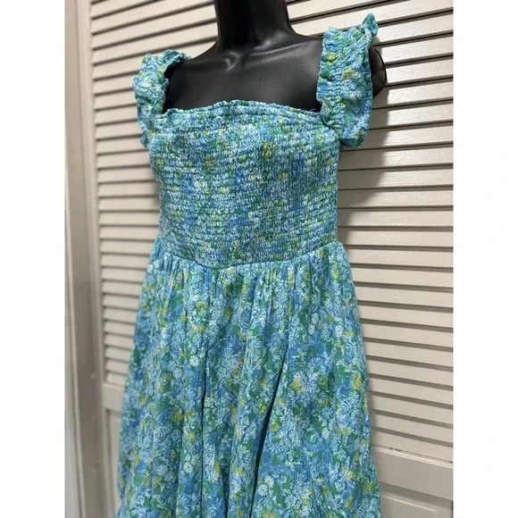 American Eagle Teal/Yellow Floral Sundress Size L Smocked Body Ruffle Straps - Picture 2 of 8